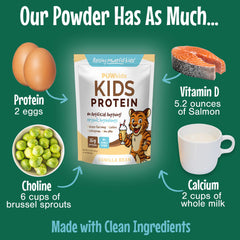 POWkids vanilla protein powder pouring into a glass, perfect for after-school activities.