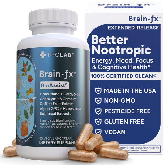 PPO Lab Brain-fx extended-release bottle front view promotes steady daily focus.