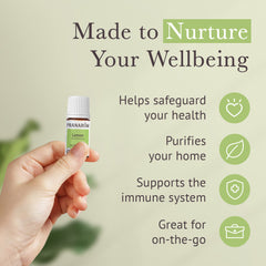 Pranarom sage oil bottle supports soothing herbaceous aromatics.