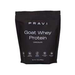 Pravi Nutrition Pure Goat Whey Powder Chocolate Sea Salt in bottle for smooth post-workout shakes
