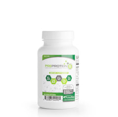 Pre-Protein hydrolyzed collagen tablets in a bottle close-up, highlighting easy absorption.