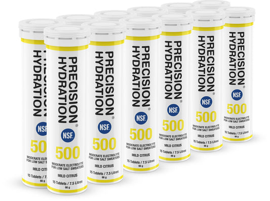 Precision Hydration electrolyte tablets in yellow tube packaging for on-the-go hydration.