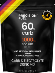 Precision Hydration PF60 tub front showing 60g carbs per litre for energy support.
