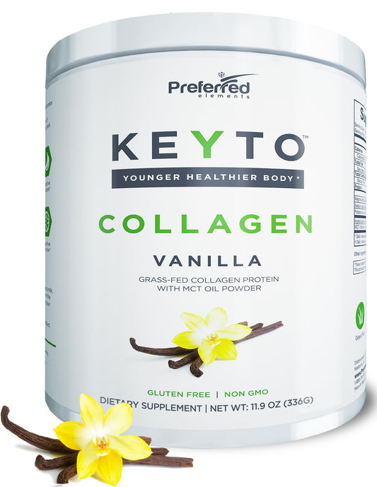 Preferred Elements Keto Collagen bottle shows premium hydrolyzed collagen for keto lifestyles.