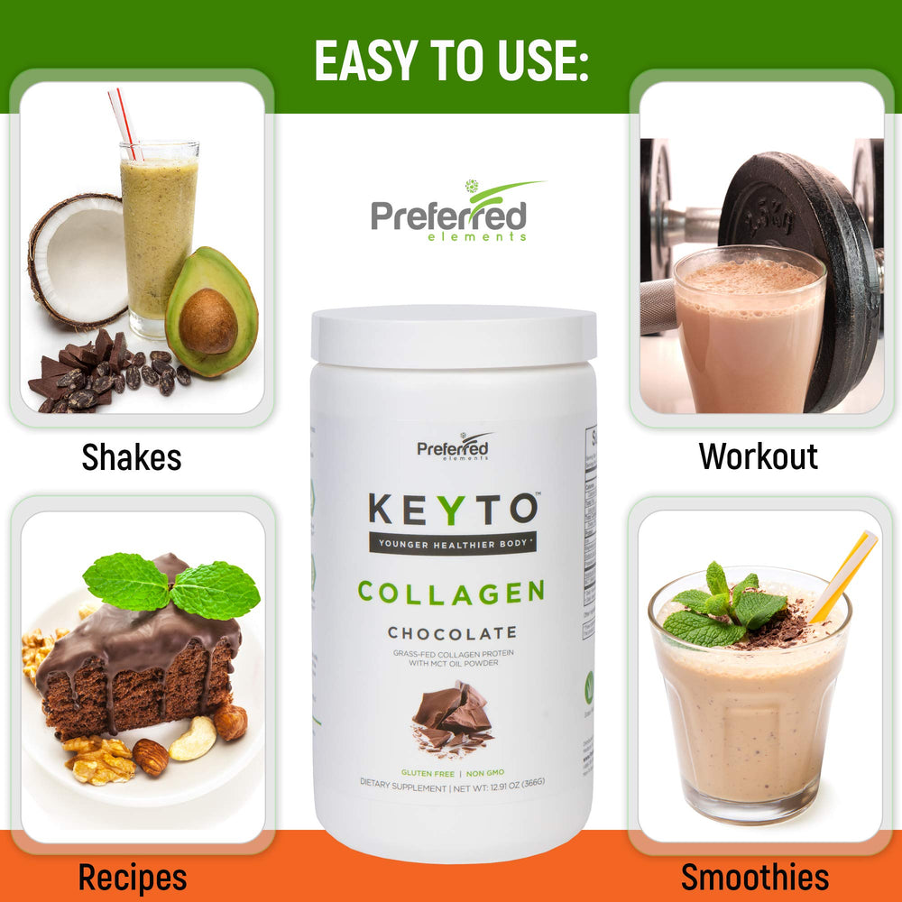 Preferred Elements Keto Collagen serving in glass shows ready-to-drink versatility.