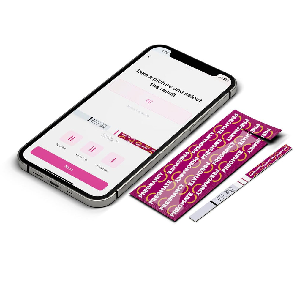 Pregmate test strips on sink illustrate a quick, easy home testing setup.