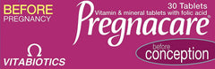 Pregnacare Before Conception packaging showcasing ingredients like folic acid and B vitamins