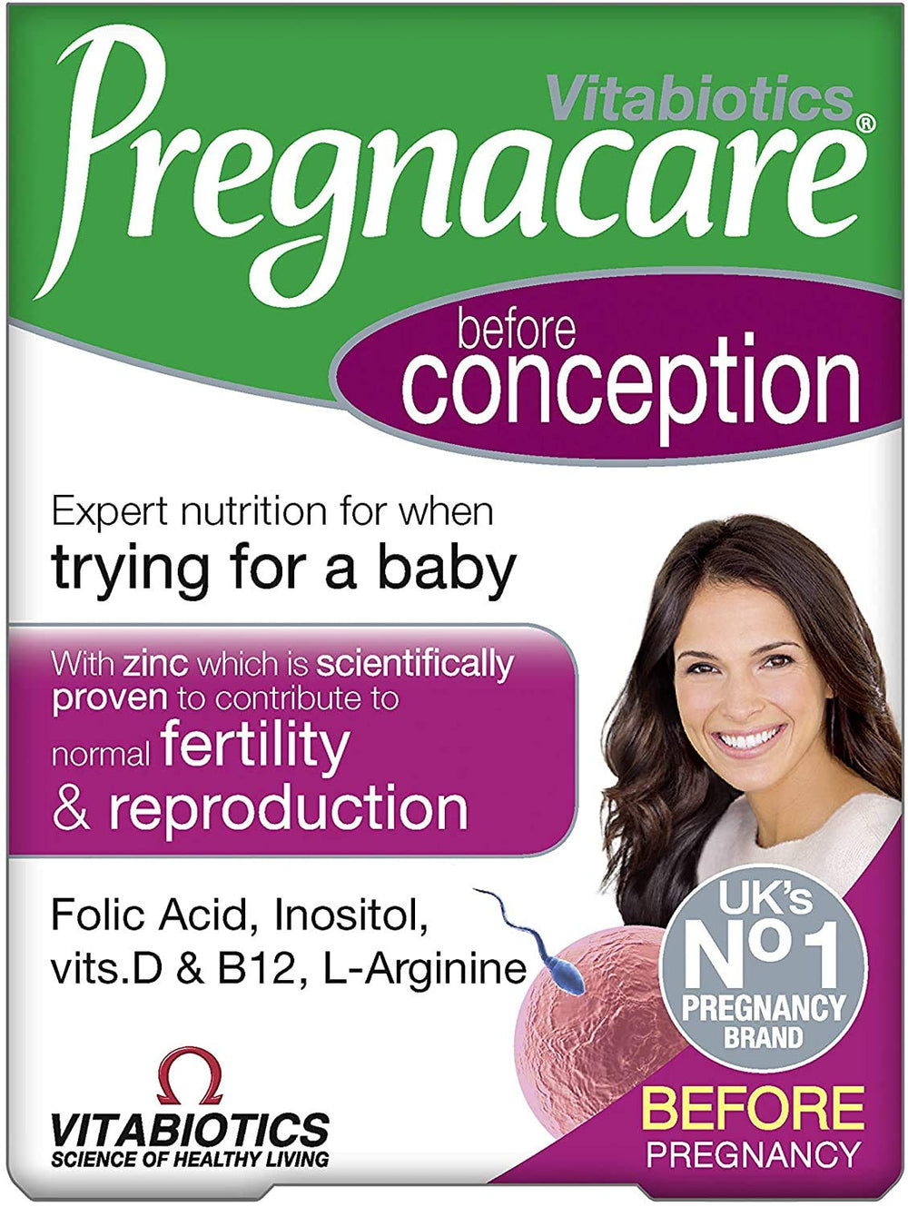 Pregnacare Before Conception tablets bottle close-up highlighting essential nutrients