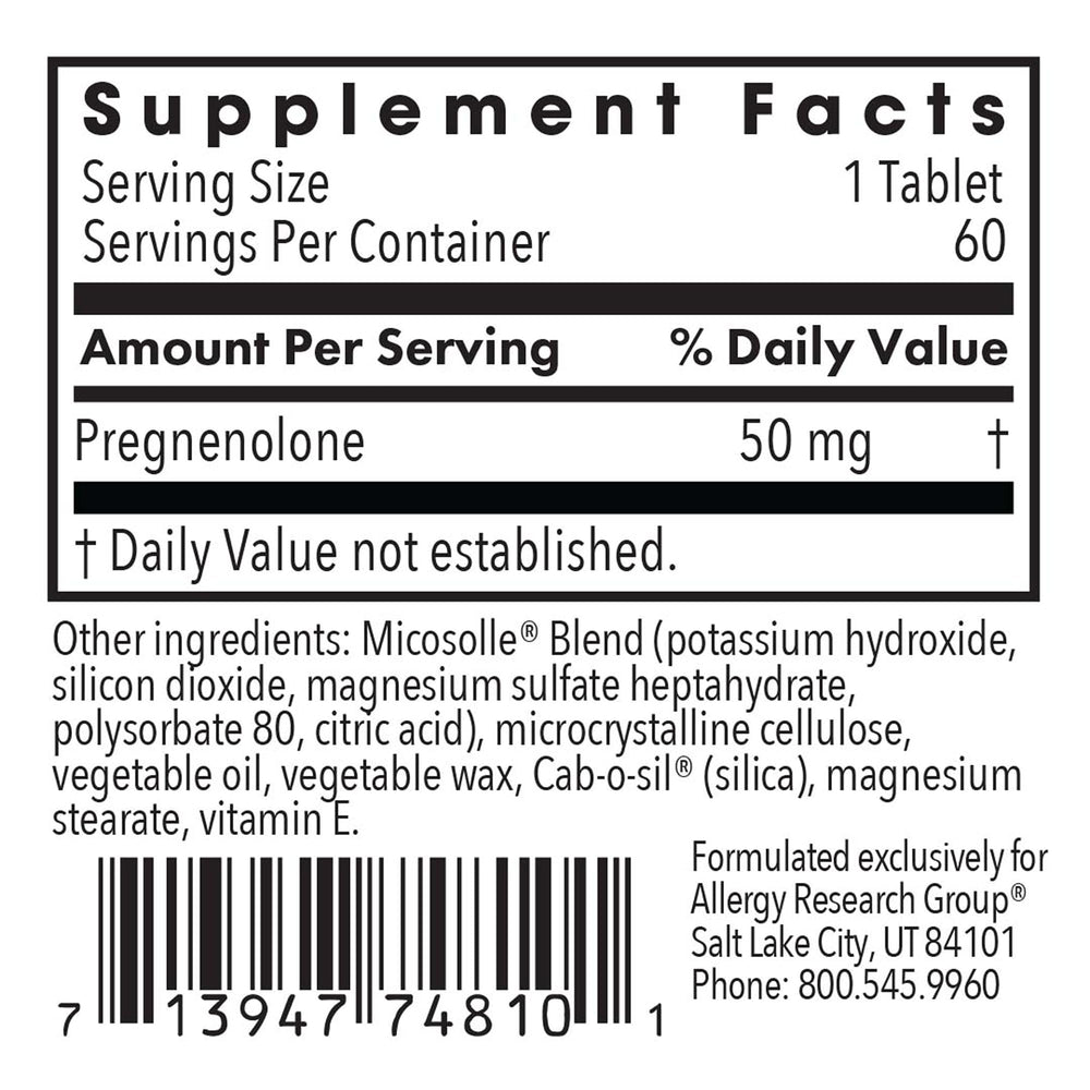 Pregnenolone 50 mg micronized capsules bottle shows easy-to-swallow form.