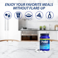 PRELIEF acid reducer caplets bottle close-up label highlights ingredients.