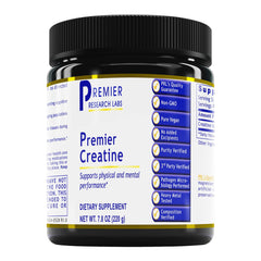 Premier Research Labs Premier Creatine powder container open, unflavored vegan formula.