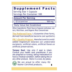Premier Glutamine capsules in bottle showing non-prescription supplement.