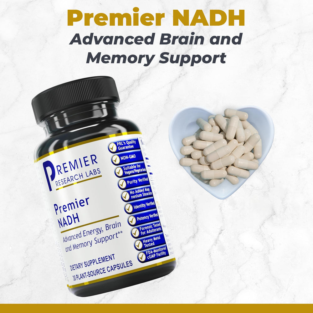 Premier Research Labs NADH bottle front showing clear label for quality