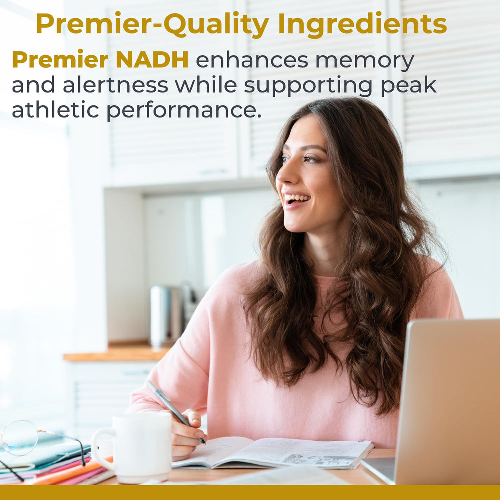 Premier Research Labs NADH capsules closeup, easy-to-swallow vegetarian capsules