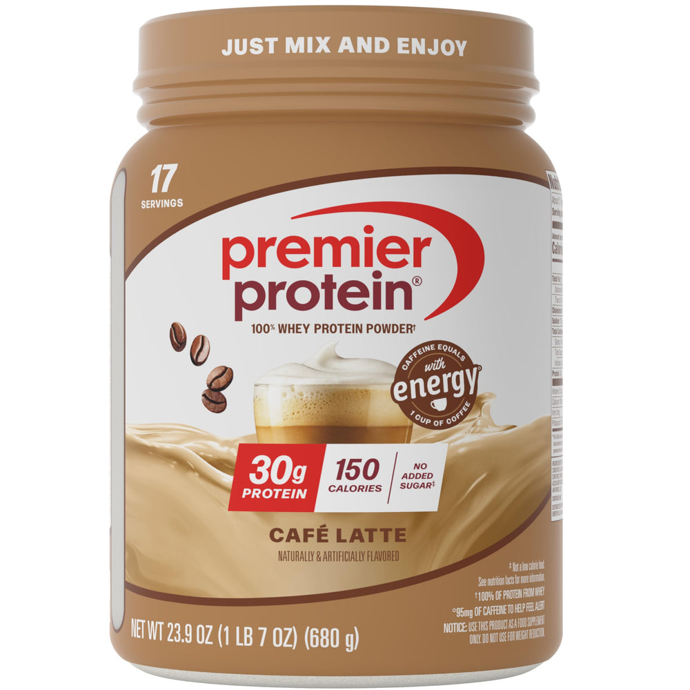 Premier Protein Café Latte canister showing rich powder for a coffee-flavored protein boost.