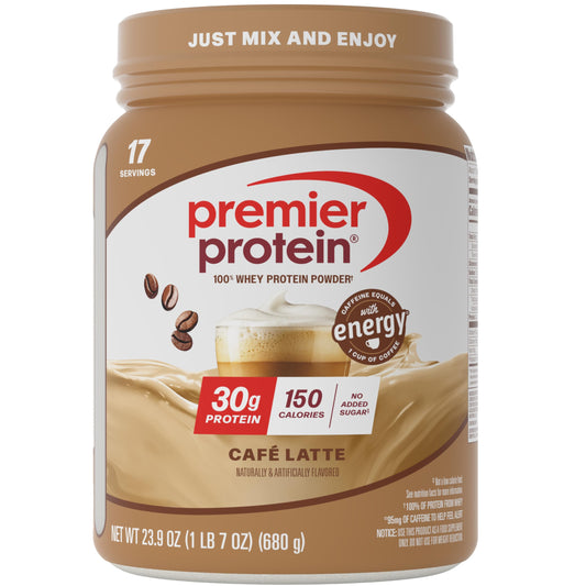 Premier Protein Café Latte canister showing rich powder for a coffee-flavored protein boost.