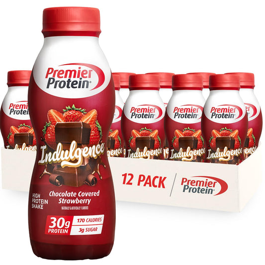 Premier Protein Indulgence Chocolate Covered Strawberry bottle showing creamy flavor and 30g protein