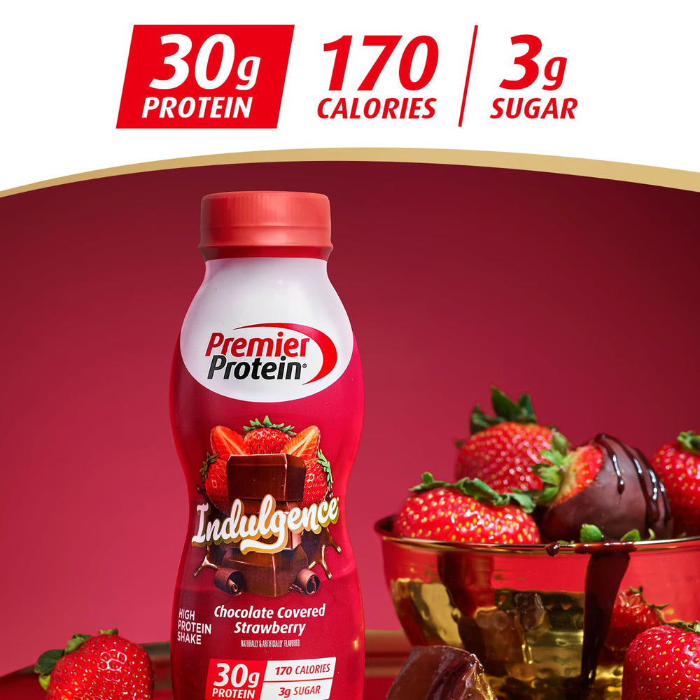 Smooth Premier Protein Indulgence shake in a glass with strawberry garnish