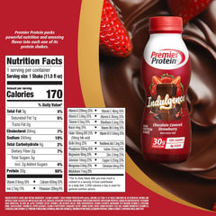 Pouring Premier Protein Indulgence Chocolate Covered Strawberry shake for a rich, protein-packed treat