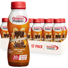 Premier Protein Indulgence salted caramel truffle bottle for high-protein fuel during workouts.