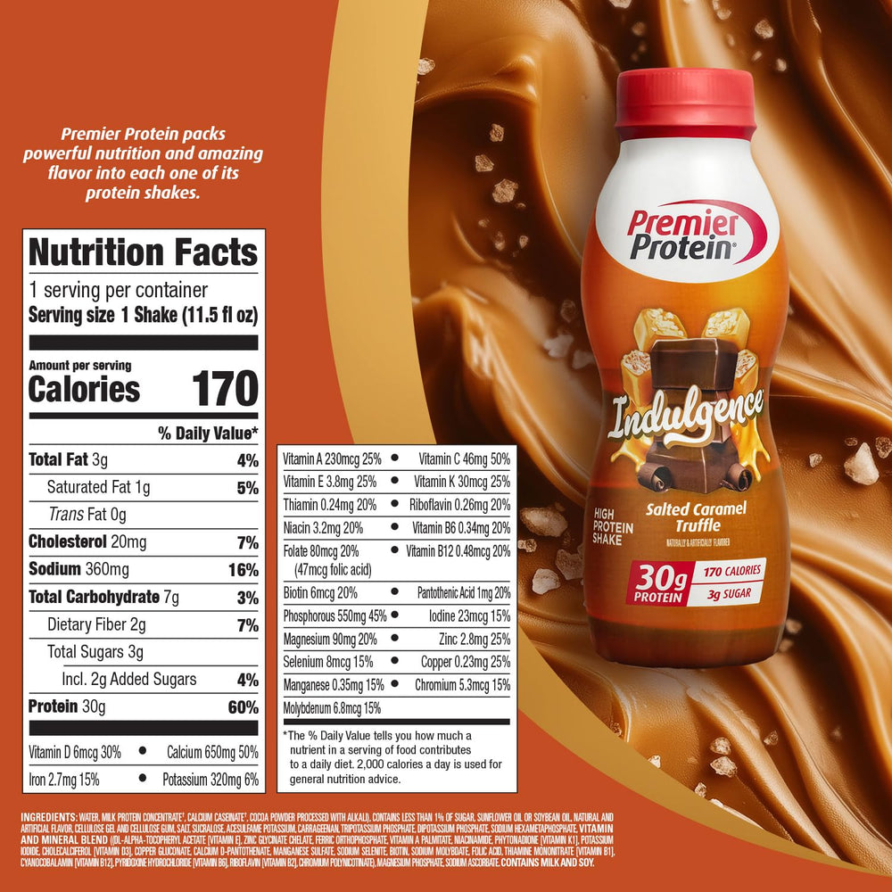 Premier Protein Indulgence salted caramel truffle glass with creamy shake ideal for a snack.