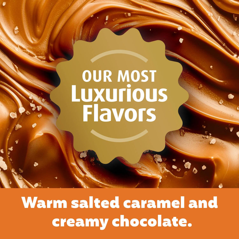 Premier Protein Indulgence salted caramel truffle shake pour showing rich texture and aroma.
