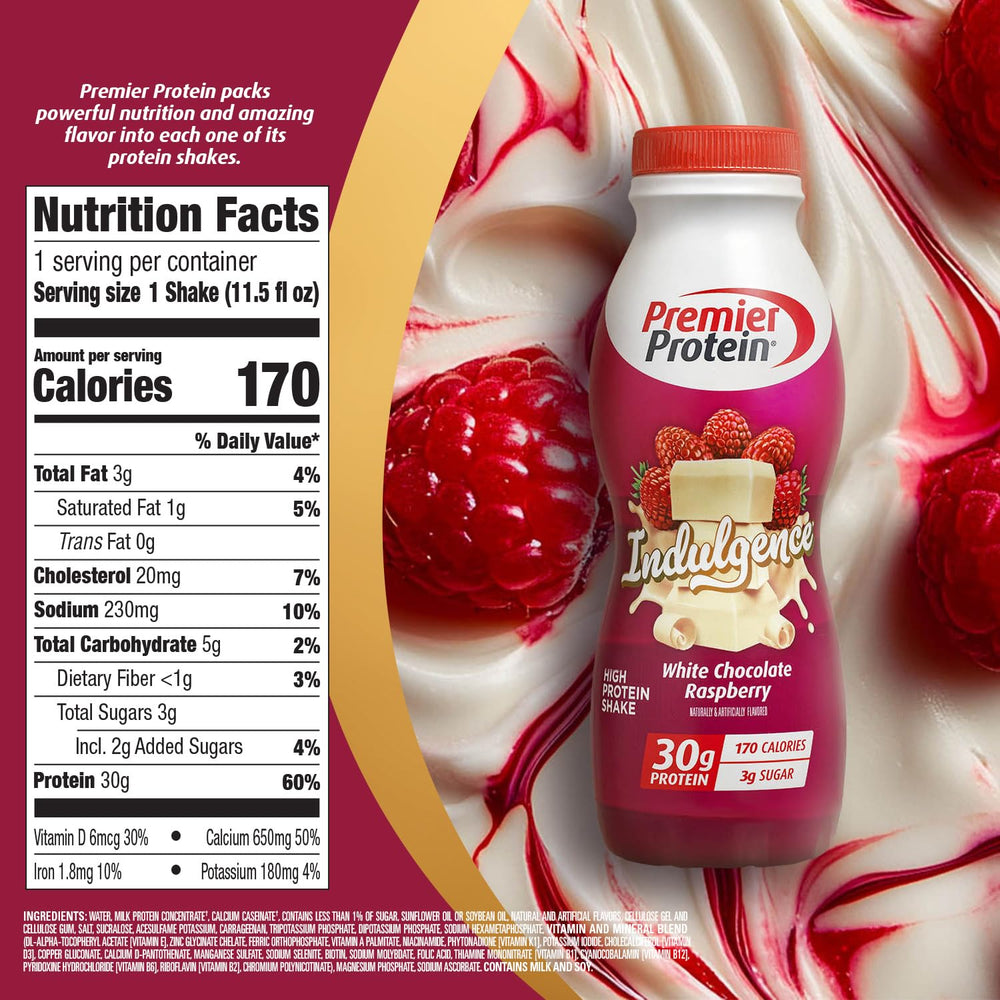 Premier Protein Indulgence White Chocolate Raspberry nutrition label highlights 30g protein per bottle