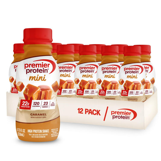 Premier Protein Mini caramel bottle pour showcases quick post-workout fuel