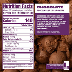 Premier Protein Plus Fiber vanilla bottle pour suggests easy daily protein and fiber