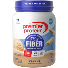 Premier Protein Plus Fiber vanilla tub on shelf showing 25g protein and 7g fiber per serving.