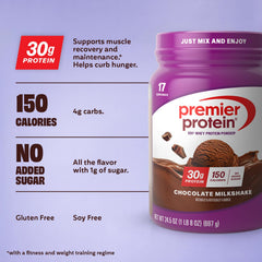 Nutrition panel highlights 1g sugar and 3g carbs on Premier Protein