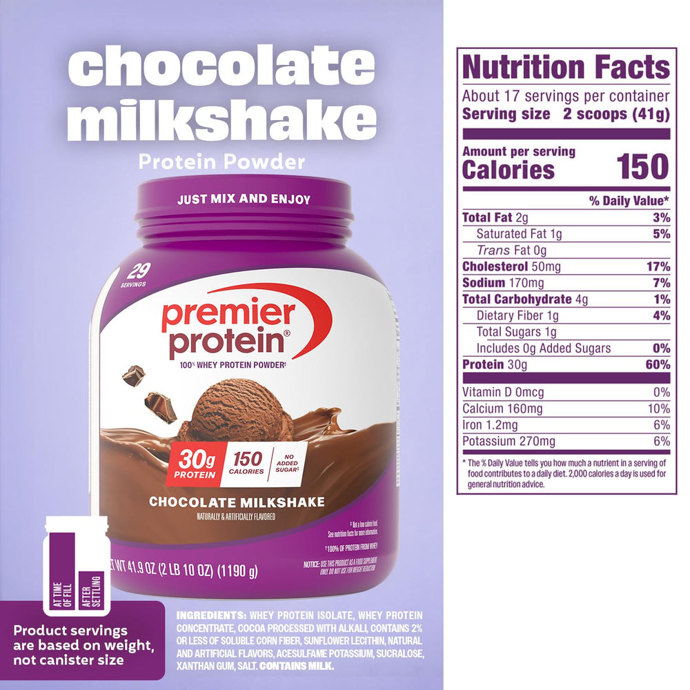 Scoop beside Premier Protein canister for easy measuring
