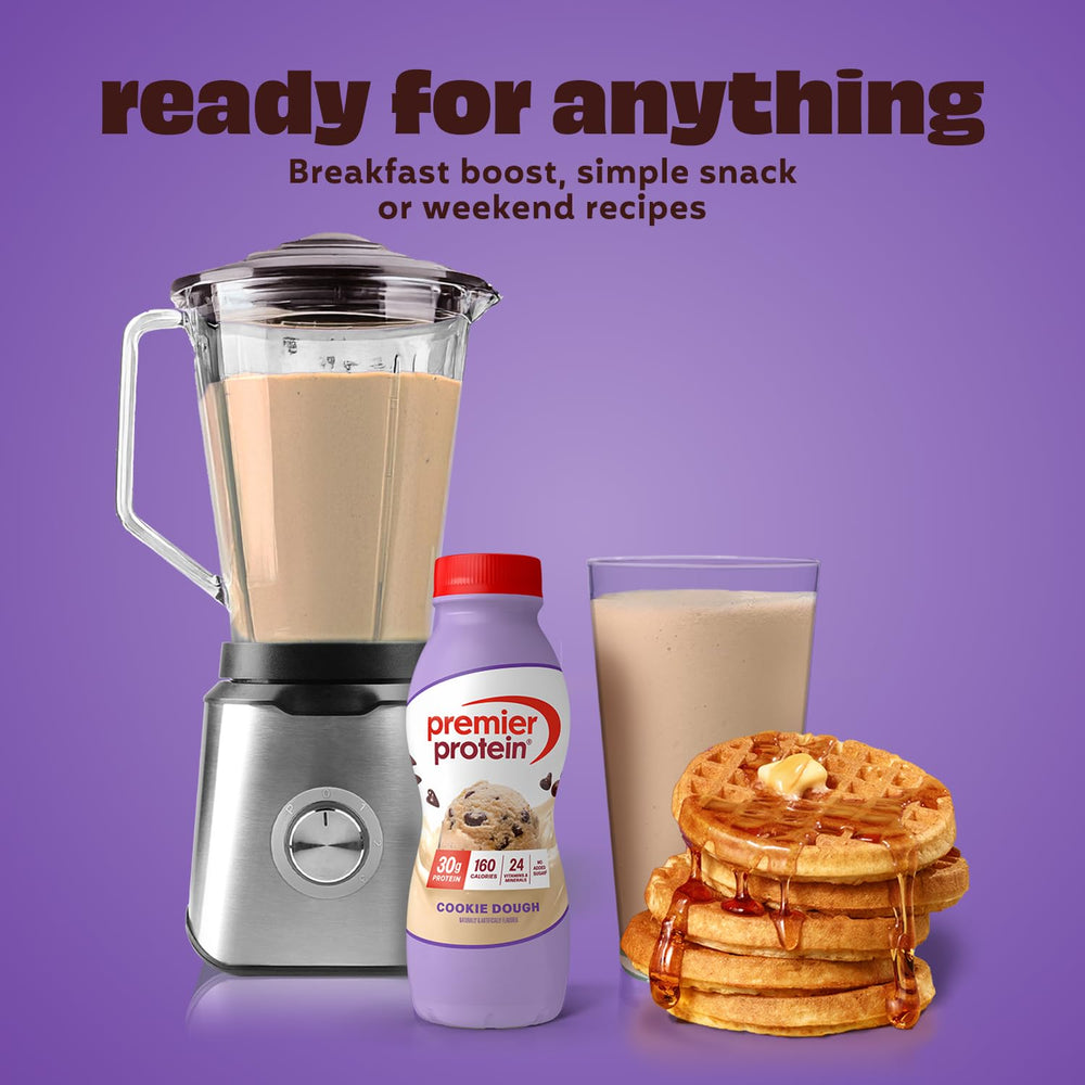 Premier Protein shake being poured over cereal for a flavorful breakfast