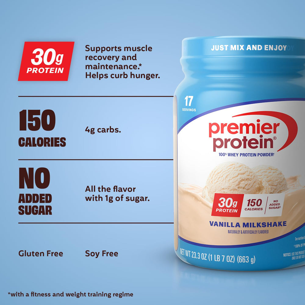 Premier Protein Vanilla Milkshake powder with scoop for quick, convenient shakes and post-workout fuel.