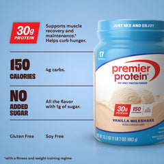 Premier Protein Vanilla Milkshake powder with scoop for quick, convenient shakes and post-workout fuel.