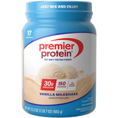 Premier Protein Vanilla Milkshake tub highlighting 30g protein per serving to support active lifestyles.
