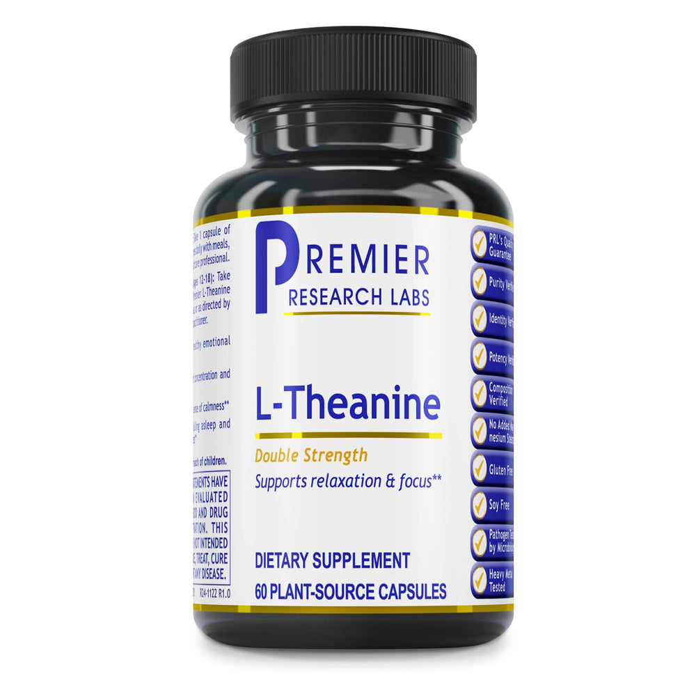 Premier Research Labs L-Theanine Double Strength bottle front promoting calm focus