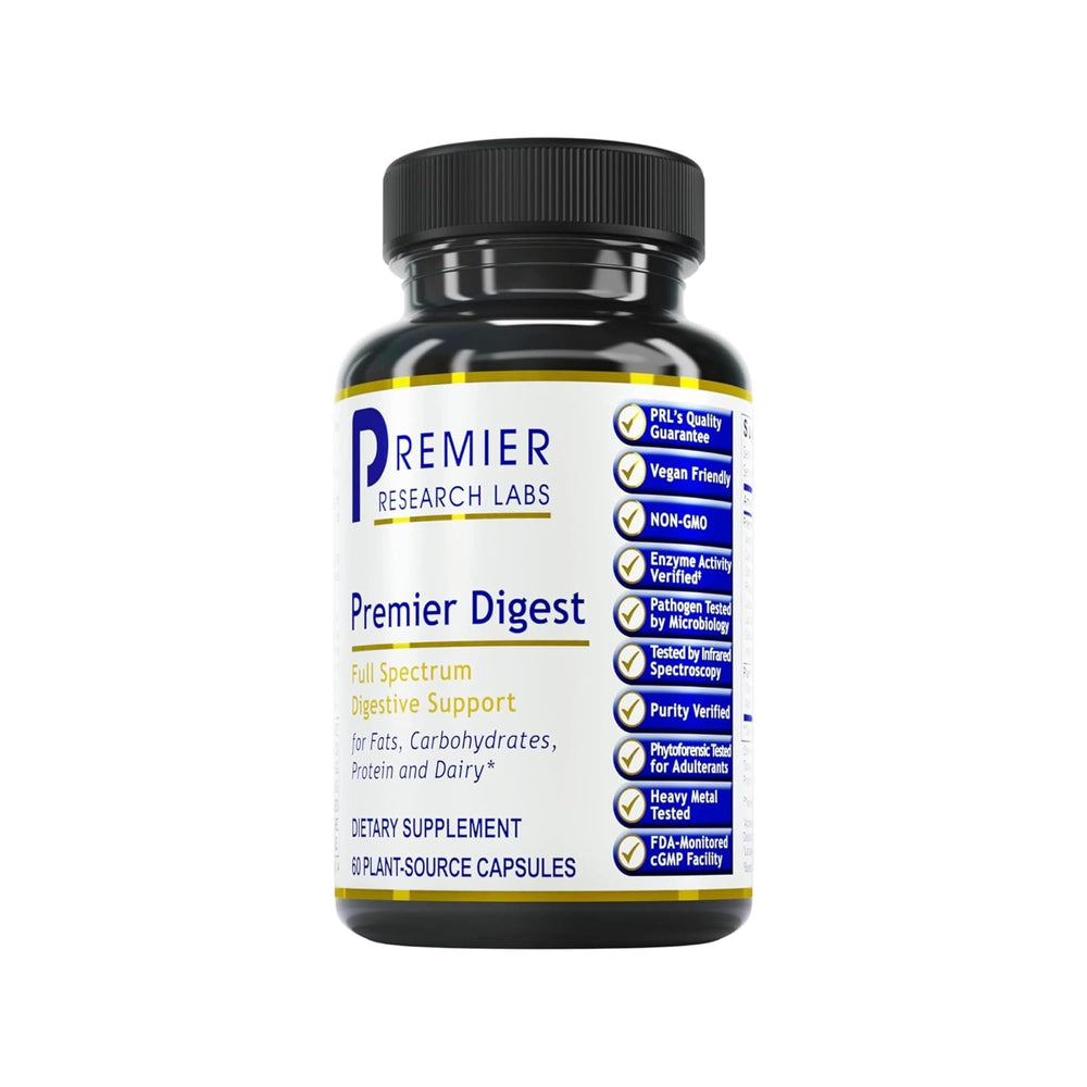 Premier Research Labs Active Digestive Enzymes bottle close-up showing plant-based capsules for full-spectrum digestion.