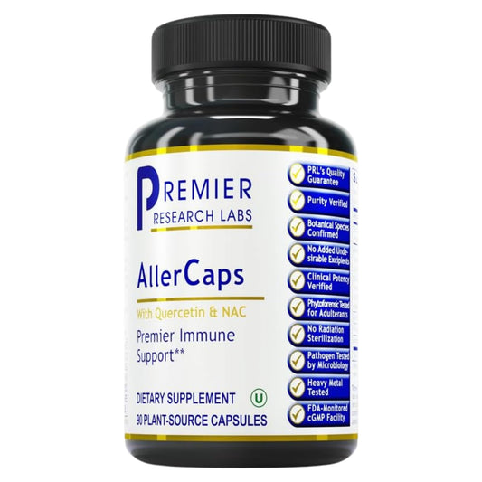 Premier Research Labs AllerCaps bottle for immune and lung support.