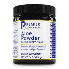 Premier Research Labs Aloe Powder container shows premium freeze-dried aloe for skin and digestion support