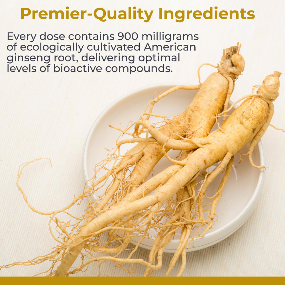 Premier Research Labs American Ginseng root extract highlights traditional herb and vitality.