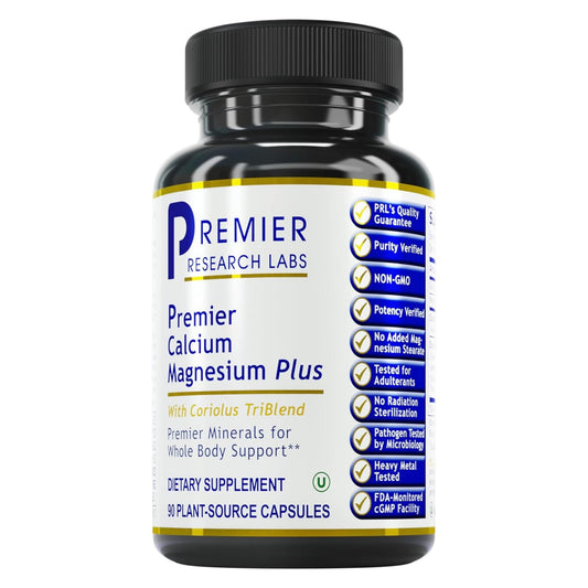 Premier Research Labs Calcium Magnesium Plus bottle front highlighting vegan coral calcium for bone support