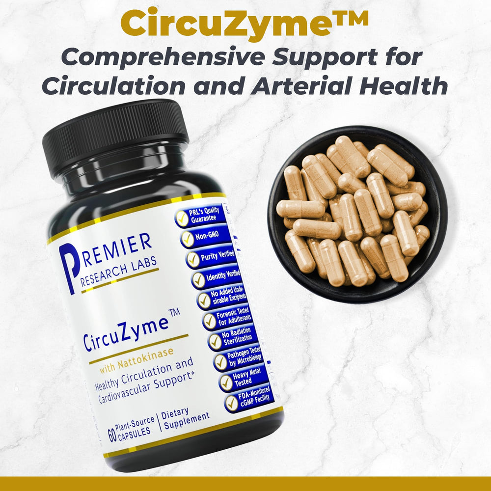 CircuZyme capsules close-up highlighting vegetarian capsules and plant-based ingredients for blood flow support.