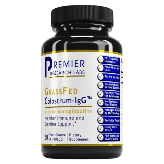 Premier Research Labs Colostrum IgG bottle for daily immune support.