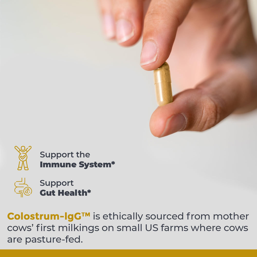 Bottle pours Colostrum-IgG capsules for easy daily use