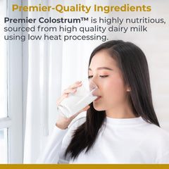 Premier Research Labs Colostrum Powder nutrition label highlights amino acids and lactoferrin.