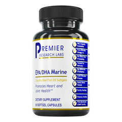 Premier Research Labs EPA DHA softgels bottle promoting heart health and daily wellness.