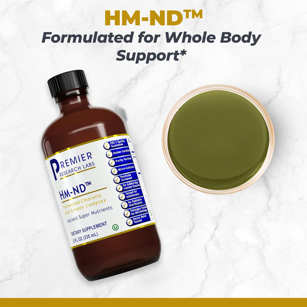 Premier Research Labs HM-ND label closeup highlighting organic greens for cleansing.