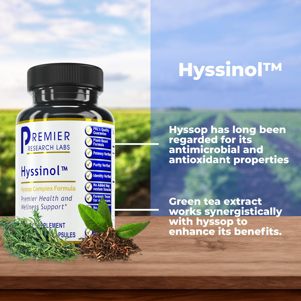 Premier Research Labs Hyssinol capsules arranged for display, illustrating easy daily use.