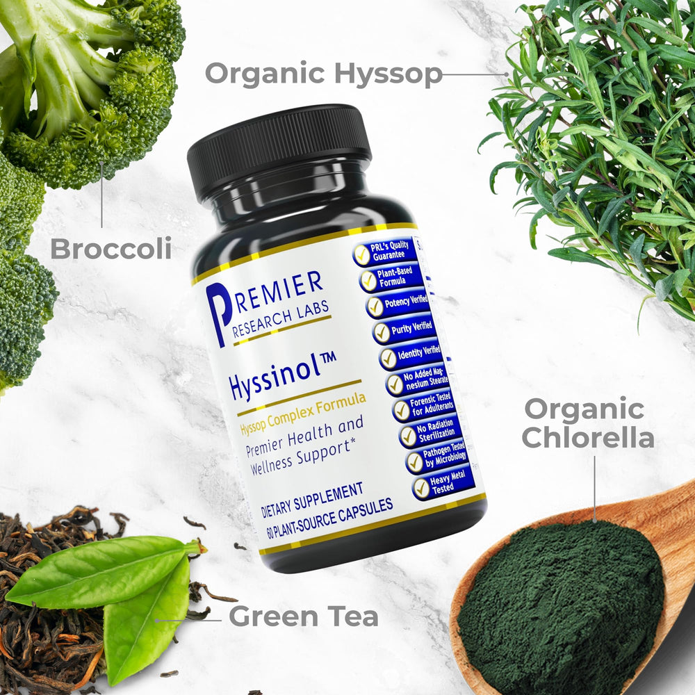 Premier Research Labs Hyssinol with green tea extract, offering natural antioxidant support.